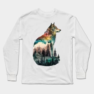 Wolf Watercolor Forest Cute Autumn Leaves Landscape Animal Print Long Sleeve T-Shirt